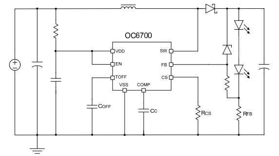 大功率升压恒流芯片推荐型号OC6700原理图