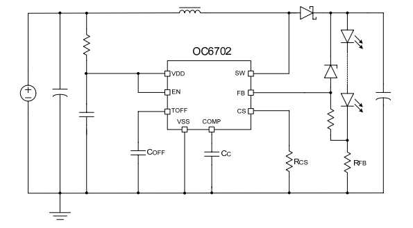 升压恒流调光芯片推荐型号OC6702 应用电路图原理