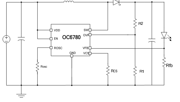 车灯升压恒流芯片推荐型号OC6780应用电路图原理